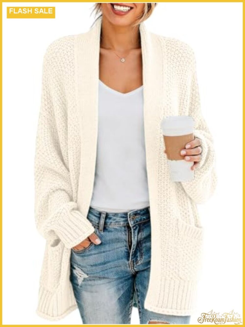 Open Front Cardigan Chunky Long Sleeve Loose Knit Sweater Coat with Pockets